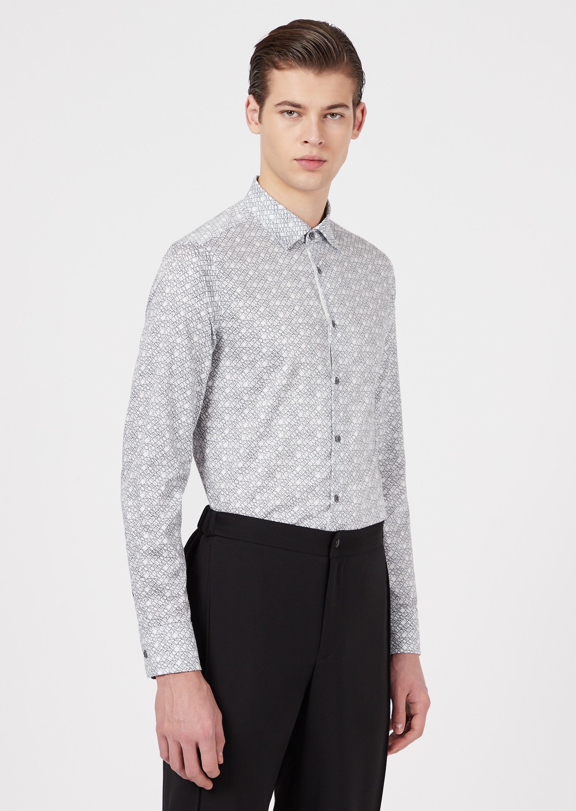 French collared shirt with all-over micro-inscription print