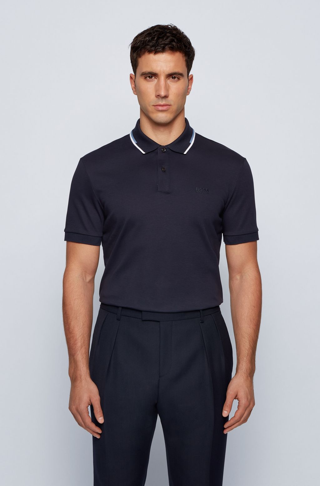 Regular fit polo shirt with striped collar - LIGHT BLUE STRIPE